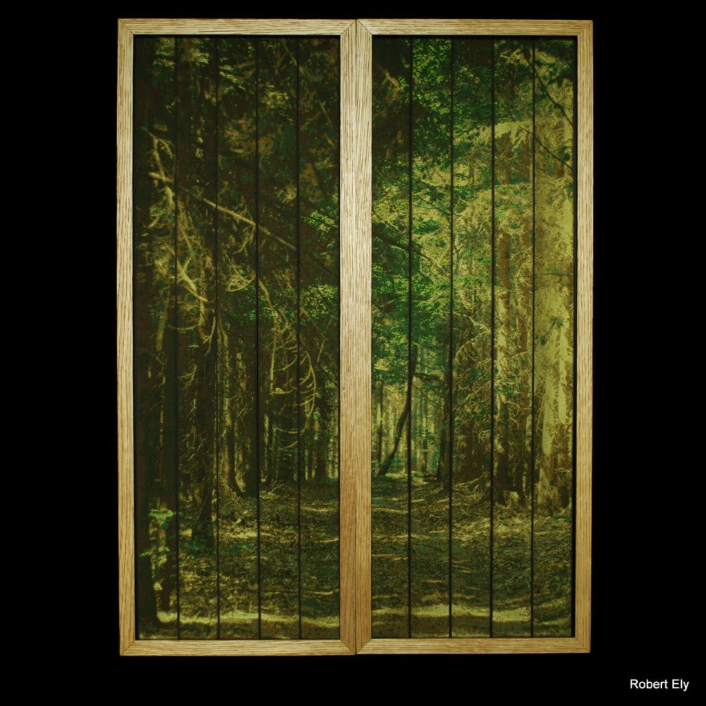 ‘Into the Woods’ Woven silk diptych by Robert Ely, 2 x 232 x 620mm including frames. Edition of 16