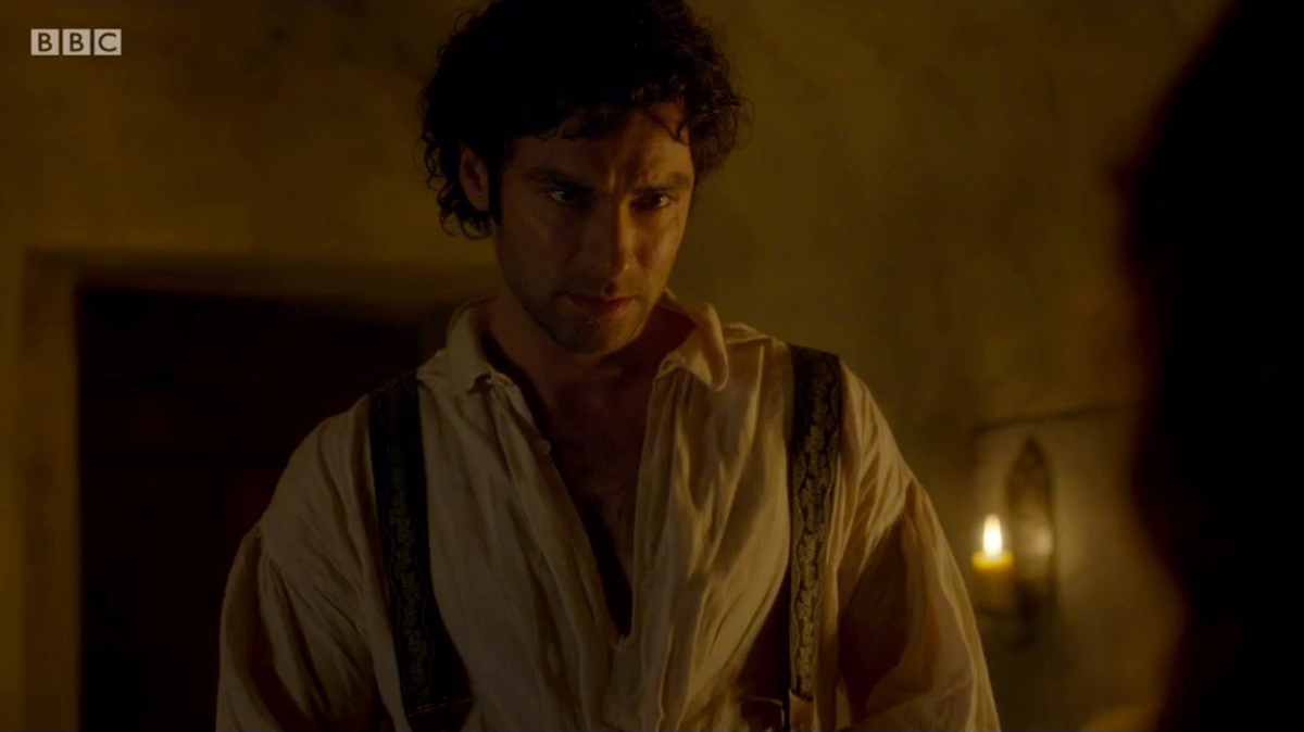 Captain Poldark, end of episode 2 wearing braces made from Papilionaceous silk ribbon woven in Devon