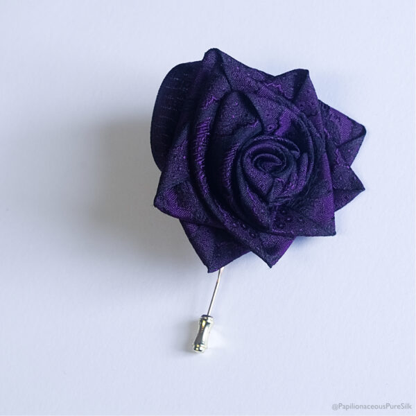 Papilionaceous Purple Rose Petal Pin styled from our own rose pink jacquard silk ribbon mounted on a Sterling Silver stick pin. Made from Papiluionaceous jacquard silk ribbon.