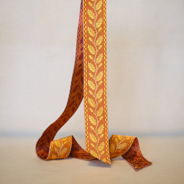 Acorn Saffron/Crimson silk ribbon 40mm wide jacquard silk ribbon